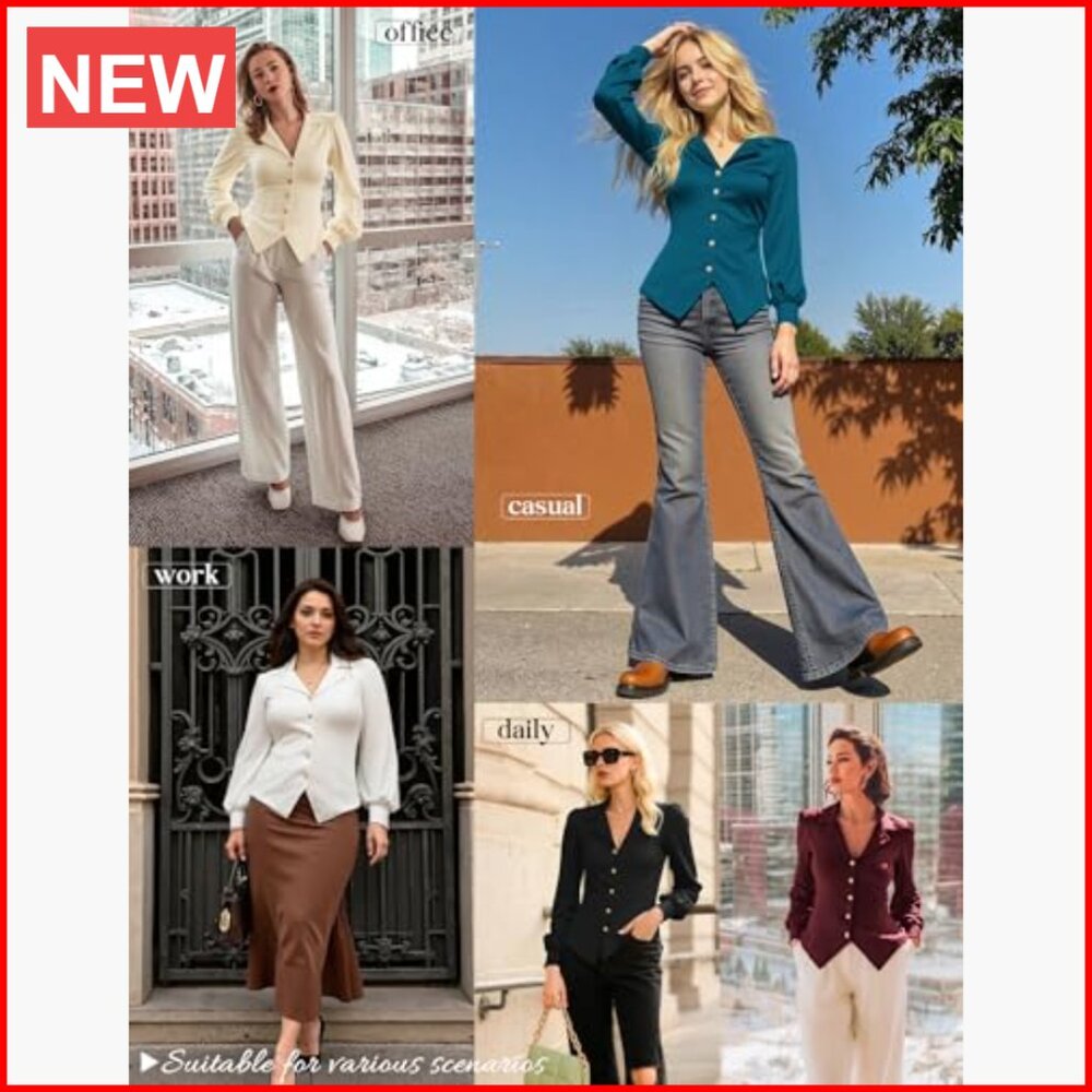 Polyester Blend V-Neck Button Down Blouse with La… - image 4